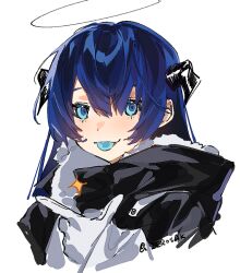Rule 34 | 1girl, arknights, black halo, black horns, black jacket, blue eyes, blue hair, blue tongue, colored tongue, cropped shoulders, fur-trimmed jacket, fur trim, gloves, hair between eyes, halo, horns, ierotak, jacket, looking at viewer, mostima (arknights), simple background, solo, sparkle, tongue, twitter username, upper body, white background, white gloves
