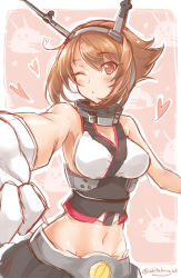 Rule 34 | 10s, 1girl, bare shoulders, blush, breasts, brown eyes, brown hair, foreshortening, gloves, headgear, heart, highres, kantai collection, large breasts, midriff, mutsu (kancolle), mutsu (snail), navel, okitakung, one eye closed, short hair, sketch, skirt, solo, twitter username, upper body, white gloves