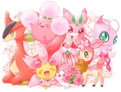 Rule 34 | :3, :d, ^ ^, aimi (aimia492), alternate color, antennae, basket, blush, celebi, cherrim, cherrim (sunshine), cherry blossoms, closed eyes, closed mouth, commentary request, creatures (company), deerling, deerling (spring), flower, game freak, gen 2 pokemon, gen 4 pokemon, gen 5 pokemon, gen 7 pokemon, green eyes, happy, jumpluff, leaf, legendary pokemon, looking at viewer, lurantis, mouth hold, mythical pokemon, nintendo, no humans, open mouth, pink background, pink eyes, pink flower, pink theme, pokemon, pokemon (creature), red eyes, shaymin, shaymin (land), shiny pokemon, simple background, sitting, smile, sparkle, standing, virizion, white background