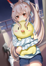 Rule 34 | 1girl, alternate costume, ayanami (azur lane), azur lane, blush, bow, casual, character doll, commentary request, contemporary, covered mouth, door, door handle, hair bow, hair ornament, hair ribbon, hairclip, head tilt, headgear, highres, hood, hooded jacket, hugging doll, hugging object, jacket, long hair, looking at viewer, manjuu (azur lane), night, night sky, orange eyes, ponytail, retrofit (azur lane), ribbon, shorts, silver hair, sky, solo, star (sky), starry sky, striped clothes, striped jacket, stuffed animal, stuffed chicken, stuffed toy, sugisaki yuu, umbrella, walking