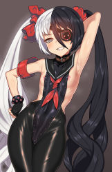 Rule 34 | 1girl, arm behind head, armband, armpits, bad id, bad pixiv id, black gloves, black hair, black leotard, blade &amp; soul, breasts, covered navel, eyepatch, fingerless gloves, gloves, grey eyes, grin, hand on own hip, highleg, highleg leotard, leather, leather pants, leotard, long hair, multicolored hair, naughty face, nipple slip, nipples, nt00, pants, pohwaran, ribbon, scrunchie, silver hair, small breasts, smile, solo, split-color hair, sweat, twintails, two-tone hair, very long hair