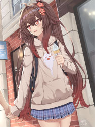 Rule 34 | 1boy, 1girl, :d, ahoge, alternate costume, backpack, bag, black nails, blue skirt, blush, brown hair, brown hoodie, casual, contemporary, cowboy shot, dated, dating, day, flower, flower-shaped pupils, food, fqky, genshin impact, ghost print, gradient hair, hair between eyes, hair flower, hair ornament, hairclip, hetero, highres, holding, holding food, holding hands, hood, hood down, hoodie, hu tao (genshin impact), ice cream, long hair, long sleeves, looking at another, looking to the side, miniskirt, multicolored hair, nail polish, open mouth, outdoors, plaid, plaid skirt, pleated skirt, red eyes, red flower, red hair, signature, skirt, smile, soft serve, solo focus, symbol-shaped pupils, very long hair, zhushameiliu