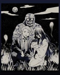 Rule 34 | . ., 1girl, 3boys, baby, carrying, carrying person, commentary request, family, father and son, formal, full moon, gegege no kitarou, greyscale, hand on another&#039;s shoulder, highres, hitodama, husband and wife, iwako (gegege no kitarou), kitarou, kitarou tanjou: gegege no nazo, kneeling, matahei, medama oyaji, mizuki (gegege no kitarou), monochrome, moon, mother and son, multiple boys, mummy, night, one-eyed, outdoors, scar, scar across eye, sitting, smile, squatting, star (sky), suit