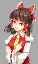 Rule 34 | 1girl, bad id, bad pixiv id, bare shoulders, benikurage (cookie), bow, breasts, brown eyes, brown hair, collar, collared dress, cookie (touhou), detached sleeves, dress, fang, frills, gesugao, grey background, hair ornament, hair tubes, hakurei reimu, hand up, highres, ketsushi, large breasts, long sleeves, looking at viewer, middle finger, necktie, open mouth, red bow, red dress, shadow, short hair, simple background, smile, solo, tongue, touhou, wide sleeves, yellow necktie