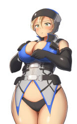 Rule 34 | 1girl, adjusting clothes, belt, belt pouch, black gloves, blonde hair, blush, breasts, cleavage, earth defense force, elbow gloves, frown, gloves, gluteal fold, helmet, highres, large breasts, maku ro, navel, pouch, simple background, skindentation, solo, standing, white background, wing diver, yellow eyes