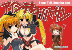 Rule 34 | 00s, 3girls, adapted costume, belt, black gloves, blonde hair, breasts, buckle, cleavage, collarbone, elbow gloves, fate testarossa, gloves, large breasts, looking at viewer, lyrical nanoha, mahou shoujo lyrical nanoha, mahou shoujo lyrical nanoha strikers, midriff, multiple girls, navel, o o, red background, revealing clothes, simple background, stomach, surprised, sweatdrop, takamachi nanoha, tamu (mad works), teana lanster, yuri