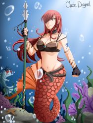 Rule 34 | absurdres, alternate form, bare arms, bare shoulders, blush, bra, bracelet, breasts, brown eyes, claudia dragneel, cleavage, closed mouth, collarbone, erza scarlet, fairy tail, fins, fish tail, full body, green eyes, green hair, groin, hair tie, hand tattoo, hand up, highres, jewelry, large breasts, long hair, looking down, matching hair/eyes, mermaid, mermaid tail, mermaid transformation, monster girl, multiple girls, navel, necklace, pearl bracelet, pearl necklace, red hair, short hair, sky, space, star (sky), star (symbol), starry sky, surprised, tail, tattoo, transformation, underboob, underwear