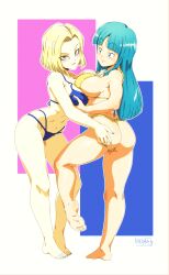Rule 34 | 2girls, absurdres, android 18, aqua hair, ass, bare shoulders, barefoot, bikini, blonde hair, blue background, blue bikini, blue eyes, blue nails, blush, breasts, cameltoe, cleft of venus, closed mouth, collarbone, curvy, dragonball z, feet, from behind, full body, grabbing, grabbing another&#039;s ass, grabbing another&#039;s breast, half-closed eyes, highres, huge ass, large breasts, ledy, looking at viewer, maron (dragon ball), matching hair/eyes, multicolored background, multiple girls, nail polish, outline, pink background, short hair, simple background, smile, standing, standing on one leg, swimsuit, thong, toenail polish, toenails, toes, white background, white outline, wide hips, yellow bikini