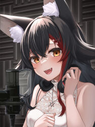 Rule 34 | 1girl, absurdres, animal ear fluff, animal ears, bare shoulders, black hair, blush, breasts, commentary request, crossed bangs, fang, flipped hair, hair between eyes, hair ornament, headphones, highres, hololive, jewelry, long hair, looking at viewer, medium breasts, micon, multicolored hair, necklace, ookami mio, ookami mio (street), open mouth, orange eyes, red hair, shirt, sleeveless, solo, streaked hair, virtual youtuber, white shirt, wolf ears, wolf girl