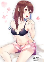 Rule 34 | 1girl, alternate costume, alternate hairstyle, arm at side, arm support, bare arms, bare shoulders, black bra, black panties, bra, braid, breasts, brown eyes, brown hair, candy, character name, collarbone, commentary request, d.va (overwatch), drawstring, eyelashes, facepaint, facial mark, fingernails, food, groin, hair ornament, hair over shoulder, hair tie, hand up, highres, holding, kawaii rowa, lace, lace-trimmed bra, lace trim, lollipop, long fingernails, long hair, looking away, medium breasts, midriff, mouth hold, navel, overwatch, overwatch 1, panties, panties under shorts, pink shorts, rabbit tattoo, short shorts, shorts, sidelocks, sitting, small breasts, solo, stomach, strap slip, tattoo, tsurime, twin braids, twitter username, underwear, whisker markings
