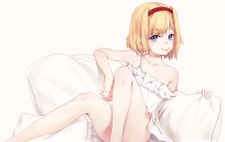 Rule 34 | 1girl, :p, absurdres, alice margatroid, bad id, bad pixiv id, bare arms, bare legs, bare shoulders, barefoot, blonde hair, blue eyes, collarbone, commentary request, dress, eyelashes, fei mao, flat chest, hair intakes, hairband, highres, ke-ta (style), looking at viewer, pillow, red hairband, short dress, short hair, sideways glance, simple background, sitting, sleeveless, sleeveless dress, smile, solo, spaghetti strap, strap slip, thighs, tongue, tongue out, touhou, white dress