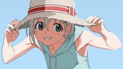 Rule 34 | 1girl, armpits, blue background, blue hoodie, blush, commentary request, green eyes, grey hair, grin, hands on headwear, hands up, hat, highres, hood, hood down, hoodie, looking at viewer, piezo, short hair, sidelighting, sleeveless, sleeveless hoodie, smile, solo, straw hat, sun hat, upper body, yama no susume, yukimura aoi