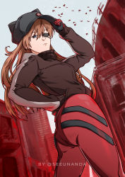 Rule 34 | 1girl, absurdres, artist name, artist request, ass, ass focus, bodysuit, breasts, brown hair, city, evangelion: 3.0 you can (not) redo, expressionless, hair between eyes, hand in pocket, hat, highres, huge ass, interface headset, jacket, lips, long hair, looking at viewer, looking to the side, medium breasts, neon genesis evangelion, plugsuit, rebuild of evangelion, red bodysuit, shiny clothes, simple background, souryuu asuka langley, two side up, very long hair, wide hips