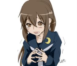 Rule 34 | 10s, 1girl, 2017, 4suke, artist name, black serafuku, blush, collarbone, crescent, crescent moon, crescent pin, dated, fingers together, fumizuki (kancolle), hair between eyes, kantai collection, long hair, long sleeves, looking at viewer, moon, open mouth, school uniform, serafuku, simple background, sleeves past wrists, solo, tears, teeth, tongue, trembling, upper body, very long hair, white background