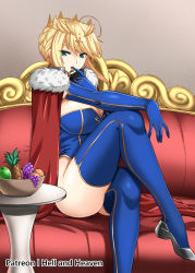 Rule 34 | 1girl, apple, artoria pendragon (fate), artoria pendragon (lancer) (fate), ass, blue gloves, blue leotard, blue thighhighs, boots, bowl, braid, breasts, cape, cherry, couch, crossed legs, crown, eating, fate/grand order, fate (series), food, french braid, fruit, fruit bowl, fur-trimmed cape, fur trim, gloves, grapes, green eyes, hair between eyes, heattech leotard, hellandheaven, highleg, highleg leotard, highres, large breasts, leg up, leotard, looking at viewer, medium hair, peach, pineapple, red cape, sitting, solo, swept bangs, thigh boots, thighhighs, turtleneck