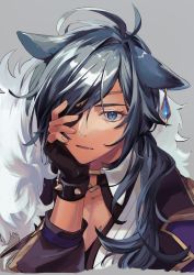 Rule 34 | + +, 1boy, animal ears, antenna hair, black gloves, blue eyes, blue hair, cat ears, cross-shaped pupils, earrings, eyepatch, fang, fingerless gloves, fur trim, genshin impact, gloves, grey background, head rest, highres, jacket, jewelry, kaeya (genshin impact), long hair, looking at viewer, male focus, one eye covered, parted lips, ponytail, purple jacket, solo, symbol-shaped pupils, upper body, wristband, zumi tiri