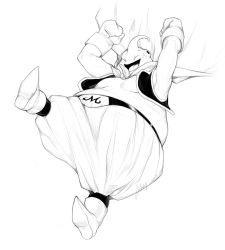 Rule 34 | 1boy, :d, antennae, belt, boxing gloves, dragon ball, dragonball z, closed eyes, fat, fat man, full body, greyscale, hands up, highres, jacket, jumping, liche (wiggly liche), majin buu, male focus, monochrome, open clothes, open jacket, open mouth, simple background, sleeveless, sleeveless jacket, smile, solo, white background