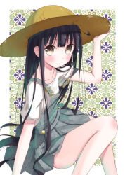 Rule 34 | 1girl, ahoge, black hair, brown eyes, chm (macharge), hand on headwear, hat, long hair, original, overall skirt, overalls, sitting, solo, sun hat