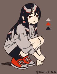 Rule 34 | 1girl, bad id, bad pixiv id, black hair, brown background, color guide, earrings, expressionless, grey shirt, jewelry, long hair, long sleeves, niwabuki, original, red eyes, red footwear, shadow, shirt, shoes, simple background, solo, squatting, triangle, triangle earrings, twitter username