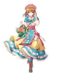 Rule 34 | 1girl, aqua eyes, basket, boots, brown footwear, brown hair, closed mouth, dress, fire emblem, fire emblem: path of radiance, fire emblem heroes, floral print, flower, frills, full body, hair ornament, hairband, hand up, highres, holding, long skirt, long sleeves, looking at viewer, mist (fire emblem), miwabe sakura, nintendo, official art, ribbon, sidelocks, skirt, smile, solo, standing, transparent background