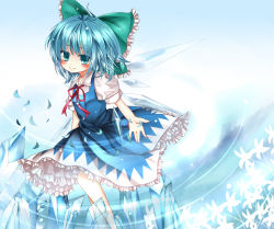 Rule 34 | 1girl, blue eyes, blue hair, bow, cirno, dress, flower, hair bow, ice, ice wings, looking at viewer, matching hair/eyes, oumi hi, puffy sleeves, ribbon, short hair, short sleeves, smile, solo, touhou, wings