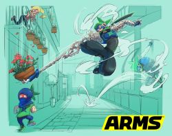 Rule 34 | 1girl, 2boys, aqua background, arms (game), catching, chain, commentary request, flower pot, goggles, green hair, highres, logo, long arms, male focus, mask, multiple boys, ninjara (arms), nintendo, official art, orange eyes, ponytail, short hair, simple background, tree, walking, yamamoto yuu