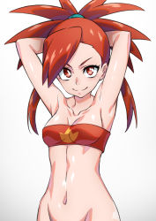 Rule 34 | 1girl, ajula wachula, armpits, arms behind head, arms up, bad id, bad pixiv id, bottomless, breasts, cleavage, closed mouth, collarbone, commentary request, creatures (company), eyelashes, female focus, flannery (pokemon), game freak, hair tie, highres, looking at viewer, midriff, navel, nintendo, pokemon, pokemon oras, red eyes, red hair, red tube top, shiny skin, simple background, smile, solo, strapless, swept bangs, tube top, upper body, v-shaped eyebrows, white background