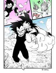 Rule 34 | !?, 2boys, blank speech bubble, bodysuit, boots, carrying, clenched teeth, cloud, comic, commentary request, dragon ball, dragonball z, falling, flying nimbus, gloves, grass, male focus, motion lines, multiple boys, open mouth, senka-san, silent comic, sleeveless, sleeveless bodysuit, son goku, speech bubble, sweat, teeth, twitter username, vegeta