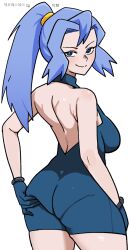 Rule 34 | 1girl, aqua eyes, ass, back cutout, bare back, blue hair, bodysuit, breasts, bright pupils, clair (pokemon), closed mouth, clothing cutout, creatures (company), from behind, game freak, gigobyte350, gloves, long hair, looking at viewer, looking back, nintendo, pokemon, pokemon gsc, ponytail, sidelocks, simple background, smile, solo, spread ass, white background, white pupils