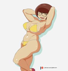Rule 34 | 1girl, against wall, armpits, arms up, belly, bikini, breasts, brown hair, cleavage, constricted pupils, curvy, large breasts, navel, open mouth, patreon username, scooby-doo, short hair, smile, solo, spaghetti strap, strap gap, swimsuit, thick thighs, thighs, underboob, velma dace dinkley, watermark, web address, white background, yashiro a. marino, yellow bikini