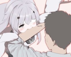 Rule 34 | 1boy, 1girl, bandage over one eye, biting arm, black hair, commentary request, grey eyes, grey hair, hair ornament, hairclip, highres, long hair, no.21: xxi (punishing: gray raven), no.21 (punishing: gray raven), punishing: gray raven, shirt, sleeves past fingers, sleeves past wrists, takashi san, translation request, white shirt