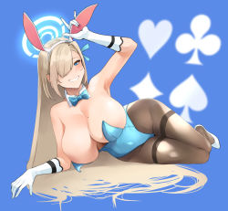 Rule 34 | 1girl, animal ears, asuna (blue archive), asuna (bunny) (blue archive), bare shoulders, blue archive, blue leotard, blush, bow, bowtie, breasts, brown pantyhose, cleavage, detached collar, fake animal ears, gloves, hair over one eye, highleg, highleg leotard, large breasts, leotard, light brown hair, long hair, looking at viewer, mole, mole on breast, noir (4chan), pantyhose, playboy bunny, rabbit ears, smile, solo, thighs, traditional bowtie, white gloves