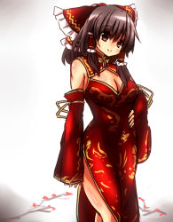 Rule 34 | 1girl, black eyes, black hair, bow, breasts, china dress, chinese clothes, cleavage, cleavage cutout, clothing cutout, detached sleeves, dress, hair bow, hair tubes, hakurei reimu, hand on own hip, large breasts, long sleeves, misoshiru (meridianchild312), red dress, side slit, smile, solo, touhou, wide sleeves