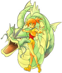 Rule 34 | 1girl, alternate costume, artist request, bare shoulders, creatures (company), game freak, gen 1 pokemon, green eyes, gyarados, lowres, misty (pokemon), nintendo, open mouth, orange hair, outstretched arm, pokemon, pokemon (anime), pokemon (creature), pokemon rse (anime), shoes, shorts, side ponytail, simple background, sneakers, vest, white background