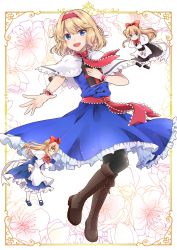 Rule 34 | 1girl, absurdres, alice margatroid, black pantyhose, blonde hair, blue dress, blue eyes, boots, brown footwear, capelet, commentary, cross-laced footwear, doll, dress, floating, hair between eyes, hairband, highres, hourai doll, knee boots, lace-up boots, looking at viewer, midair, open mouth, pantyhose, red neckwear, shanghai doll, short hair, smile, touhou, yu mint ( yu mint)