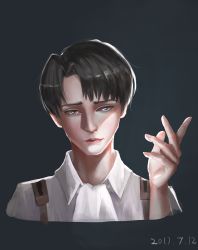 Rule 34 | 1boy, ascot, asymmetrical bangs, black background, black hair, closed mouth, collar, collared shirt, dated, levi (shingeki no kyojin), looking at viewer, male focus, shingeki no kyojin, shirt, short hair, simple background, solo, upper body, white shirt, yiqing (yohare)