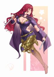 Rule 34 | 1girl, absurdres, armor, breasts, cape, choker, cleavage, commentary, dagger, deliciousbrain, dual wielding, facial mark, fire emblem, fire emblem engage, greaves, highres, holding, holding dagger, holding knife, holding weapon, knife, large breasts, nintendo, purple cape, purple choker, red hair, reverse grip, short sleeves, solo, star (symbol), weapon, yunaka (fire emblem)