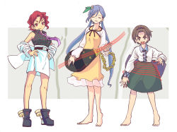 Rule 34 | 3girls, :d, barefoot, belt, biwa lute, black belt, blue collar, boots, border, brown eyes, brown hair, buckle, chain, collar, collared shirt, cross-laced footwear, dress, closed eyes, frilled dress, frilled sleeves, frills, green skirt, hair ornament, hairband, hands on own hips, highres, horikawa raiko, instrument, jacket, koto (instrument), long hair, looking at viewer, lute (instrument), multiple girls, music, necktie, off shoulder, open mouth, pencil skirt, plaid, plaid shirt, playing instrument, purple hair, purple hairband, red eyes, red hair, see-through, shirt, short hair, skirt, sleeveless, sleeveless shirt, smile, thick eyebrows, touhou, tsukumo benben, tsukumo yatsuhashi, twintails, uokin2, white border, white jacket, white shirt, white skirt, yellow dress