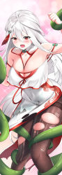 Rule 34 | 1girl, armpit crease, blush, breasts, chinese clothes, cleavage, collar, covered navel, dress, fine fabric emphasis, hair between eyes, hair ornament, highres, large breasts, li zhiheng, long hair, lu xiaoyu, my harem grew so large i was forced to ascend, open mouth, pantyhose, pelvic curtain, plant, shiny skin, side slit, skindentation, sparkle background, thighband pantyhose, thighs, torn clothes, torn legwear, vines, white dress, white hair