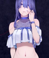Rule 34 | 1girl, aoe nagi, bare shoulders, black background, blue choker, bow, breasts, choker, eyebrows hidden by hair, hair over eyes, hair over one eye, long hair, looking at viewer, medium breasts, minenami ryou, mole, mole under eye, mouth hold, navel, shounen no abyss, smile, solo, string, string of fate, upper body