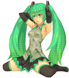 Rule 34 | 1girl, armpits, arms up, bad id, bad pixiv id, boots, detached sleeves, face, green eyes, green hair, hatsune miku, long hair, matching hair/eyes, necktie, simple background, sitting, skirt, solo, thigh boots, thighhighs, twintails, very long hair, vocaloid, white background, yuuji (and)
