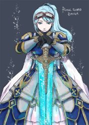 Rule 34 | 1girl, armor, armored dress, black gloves, blue dress, blue eyes, blue hair, character name, closed mouth, commentary request, cross, dress, expressionless, faulds, feet out of frame, gloves, goggles, goggles on head, grey background, high ponytail, highres, holding, holding sword, holding weapon, long hair, looking at viewer, love misery, official alternate costume, pauldrons, ponytail, ragnarok online, royal guard (ragnarok online), shoulder armor, simple background, solo, sword, weapon
