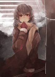 Rule 34 | 1girl, breath, coat, cowboy shot, fur trim, gloves, grey hair, highres, koruse, looking at viewer, original, red eyes, red gloves, scarf, solo, winter clothes