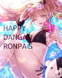 Rule 34 | :d, bare shoulders, bikini, black bikini, blue background, blue eyes, bow, breasts, cleavage, commentary request, danganronpa: trigger happy havoc, danganronpa (series), danganronpa s: ultimate summer camp, english text, enoshima junko, eyewear on head, feet out of frame, flower, glass, hand up, happy, highres, large breasts, looking at viewer, lower teeth only, monokuma, nail polish, one eye closed, open mouth, pink flower, red bow, red nails, scrunchie, side-tie bikini bottom, smile, solo, swimsuit, teeth, twintails, twitter username, watermark, white background, wrist scrunchie, z-epto (chat-noir86)