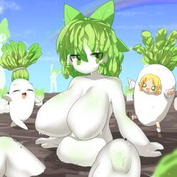 Rule 34 | 6+girls, blonde hair, blue sky, blush, bow, breasts, closed mouth, colored skin, commentary request, cookie (touhou), daikon, daikon costume, day, dirt, expressionless, feet out of frame, green bow, green eyes, green hair, hair between eyes, hair bow, hakurei reimu, joker (cookie), large breasts, lets0020, medium bangs, mizuhashi parsee, monster girl, multiple girls, navel, open mouth, outdoors, plant girl, plant hair, pointy ears, radish, rainbow, reu (cookie), reu daikon, short hair, sky, smile, touhou, white skin
