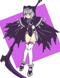 Rule 34 | 1girl, animal collar, animal hood, ankle boots, armor, black cape, black leotard, blush, boots, breastplate, cape, cloak, closed mouth, collar, cosplay, covered navel, embarrassed, fate/grand order, fate (series), full-face blush, full body, gray (fate), green eyes, grey footwear, grey hair, holding, holding weapon, hood, hood up, hooded cloak, huge weapon, leotard, looking at viewer, lord el-melloi ii case files, medusa (fate), medusa (lancer) (fate), medusa (lancer) (fate) (cosplay), medusa (lancer alter) (fate), medusa (rider) (fate), rider, scythe, shiny skin, short hair, sidelocks, skin tight, solo, standing, teardrop, tearing up, thighhighs, weapon, weapon connection, white thighhighs, wtk48