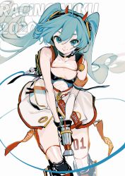 Rule 34 | 1girl, ahoge, aiming, aiming at viewer, aqua eyes, aqua hair, armored boots, black gloves, boots, cable, commentary, feet out of frame, fingerless gloves, gloves, goodsmile racing, hatsune miku, headphones, headset, highres, holding, impact wrench, leaning forward, logo, long hair, looking at viewer, racing miku, racing miku (2020), rumoon, see-through, skindentation, skirt, smile, smiley face, standing, thighhighs, twintails, very long hair, vocaloid, white background, white skirt, zipper