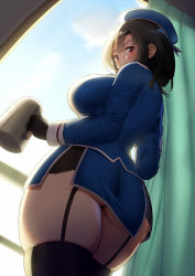 Rule 34 | 1girl, ass, backlighting, beret, black gloves, black hair, black thighhighs, blue hat, blue jacket, blue skirt, blush, breasts, coffee pot, commentary request, curtains, curvy, day, from behind, from below, garter straps, gloves, gluteal fold, hat, highres, indoors, jacket, kantai collection, large breasts, long sleeves, looking at viewer, looking back, looking down, maku ro, miniskirt, red eyes, short hair, side slit, skindentation, skirt, solo, takao (kancolle), thick thighs, thighhighs, thighs, upskirt, v-shaped eyebrows, wide hips, window