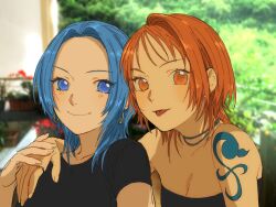 Rule 34 | 2girls, alternate hair length, alternate hairstyle, arm around shoulder, bare shoulders, black shirt, black tube top, blue eyes, blue hair, blurry, blurry background, choker, closed mouth, collarbone, earrings, highres, jewelry, light blush, looking at viewer, multiple girls, nami (one piece), nefertari vivi, one piece, orange eyes, orange hair, parted bangs, ring, shirt, short hair, short sleeves, shoulder tattoo, smile, strapless, tattoo, tongue, tongue out, tube top, upper body, urasanmyaku