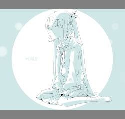 Rule 34 | 1girl, aqua theme, bad id, bad pixiv id, closed eyes, flat chest, hatsune miku, inemuri uno, kneeling, letterboxed, long hair, monochrome, solo, thighhighs, twintails, vocaloid